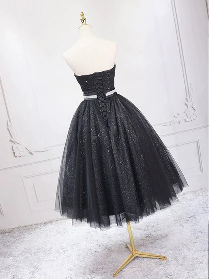 Vestido de fiesta de tul negro brillante, largo hasta la rodilla, sin tirantes, corte A, TP840