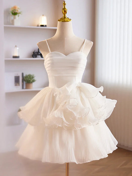 Vestido de fiesta corto de tul blanco con escote corazón y tirantes de tul blanco TP845