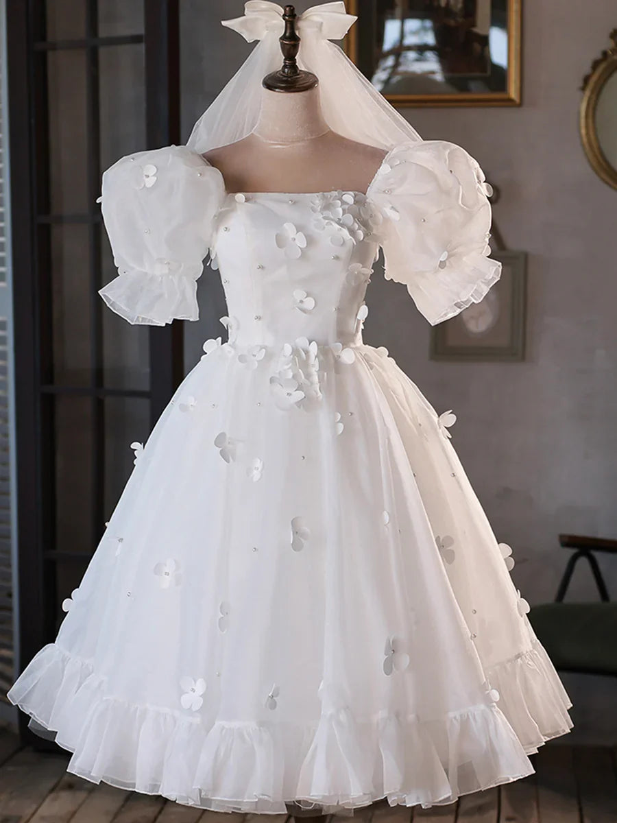 Vestido de fiesta corto de tul blanco, corte A, con mangas abullonadas, TP846
