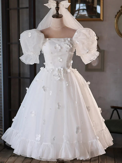 Vestido de fiesta corto de tul blanco, corte A, con mangas abullonadas, TP846