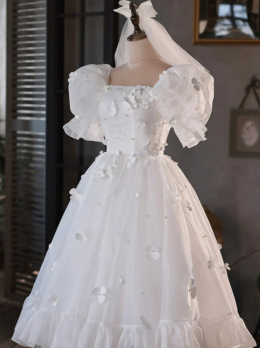 Vestido de fiesta corto de tul blanco, corte A, con mangas abullonadas, TP846