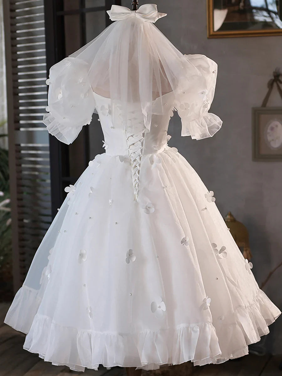 Vestido de fiesta corto de tul blanco, corte A, con mangas abullonadas, TP846