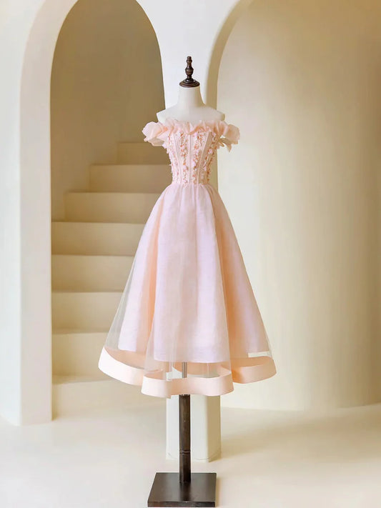 Vestido de fiesta rosa de tul con cuentas, largo hasta la rodilla, corte A, hombros descubiertos, TP848