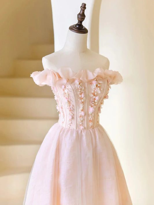 Vestido de fiesta rosa de tul con cuentas, largo hasta la rodilla, corte A, hombros descubiertos, TP848