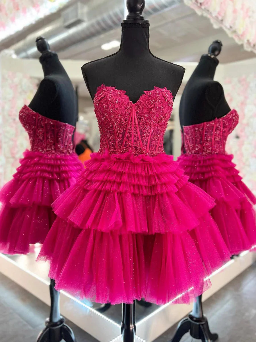 Vestido de fiesta corto con capas de tul, vestido de fiesta de bienvenida sin tirantes de encaje TP853
