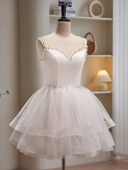 Vestido de fiesta corto de tul blanco con tirantes finos, bonito vestido de fiesta de corte A TP865