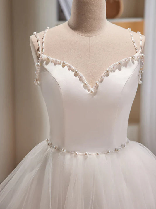 Vestido de fiesta corto de tul blanco con tirantes finos, bonito vestido de fiesta de corte A TP865