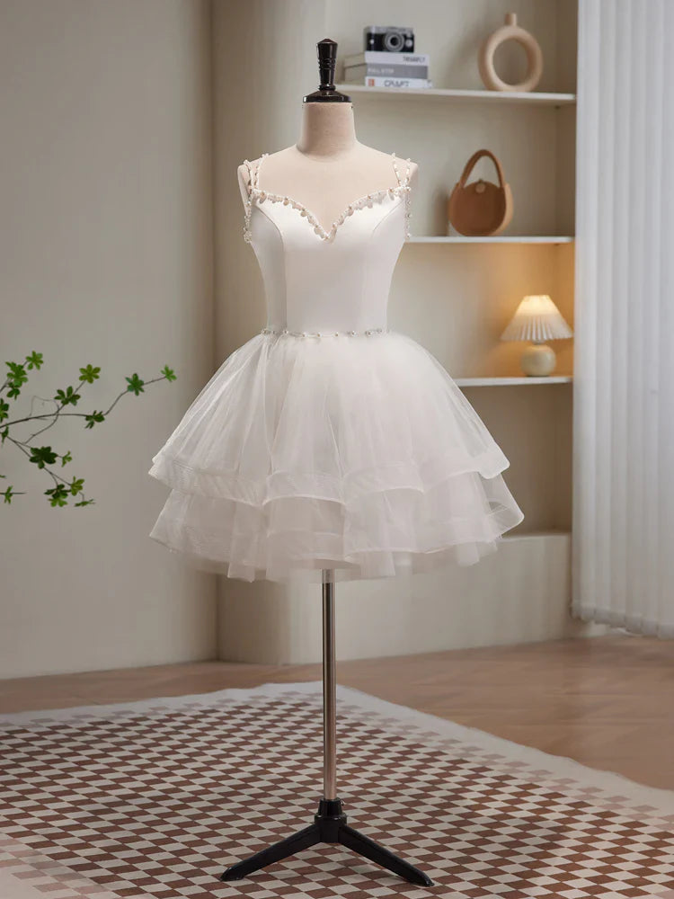 Vestido de fiesta corto de tul blanco con tirantes finos, bonito vestido de fiesta de corte A TP865