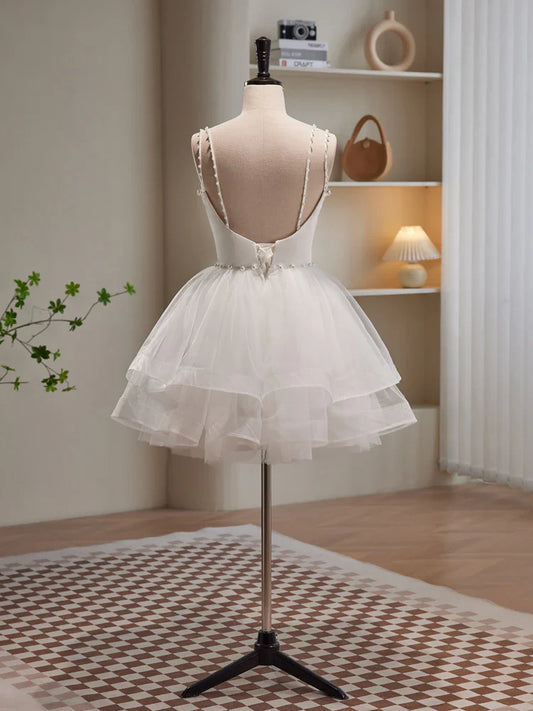 Vestido de fiesta corto de tul blanco con tirantes finos, bonito vestido de fiesta de corte A TP865