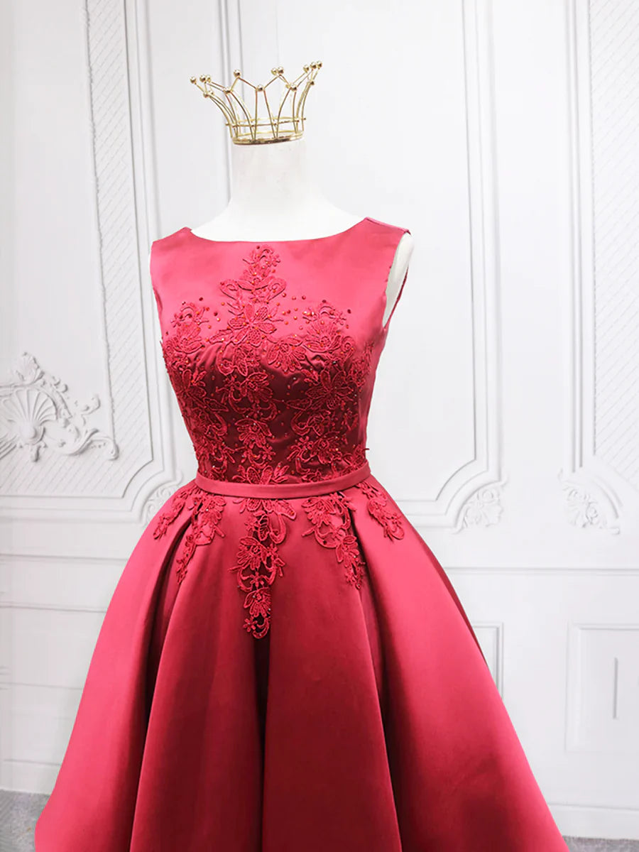 Burgundy Satin Lace Short Prom Dress, A-Line Homecoming Dress TP867