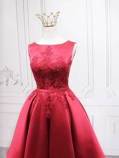 Burgundy Satin Lace Short Prom Dress, A-Line Homecoming Dress TP867