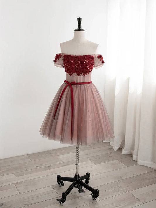 Cute Tulle Lace Short Prom Dress, Off the Shoulder Evening Dress TP870