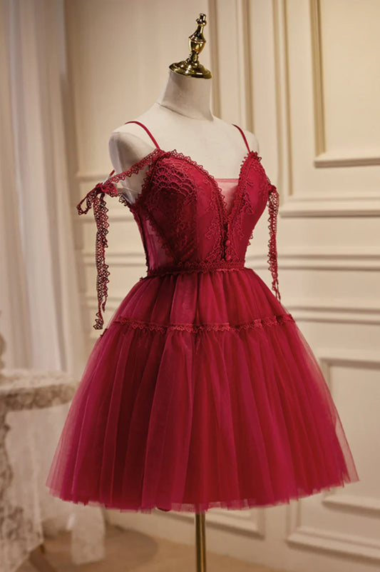 Burgundy Lace Short A-line Prom Dress, Cute Spaghetti Strap Party Dress TP873