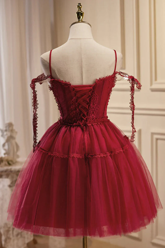 Burgundy Lace Short A-line Prom Dress, Cute Spaghetti Strap Party Dress TP873