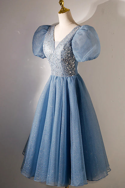 Vestido de fiesta corto con escote en V y lentejuelas, corte A, manga corta, azul, TP876