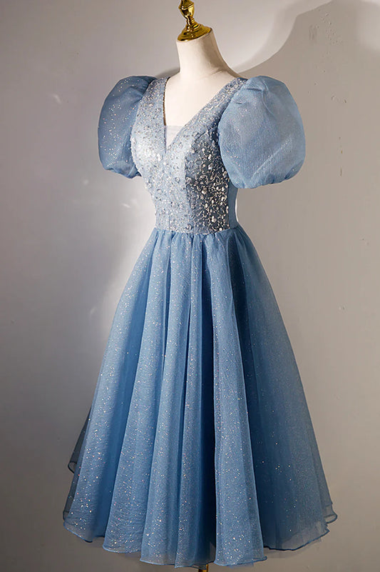 Vestido de fiesta corto con escote en V y lentejuelas, corte A, manga corta, azul, TP876
