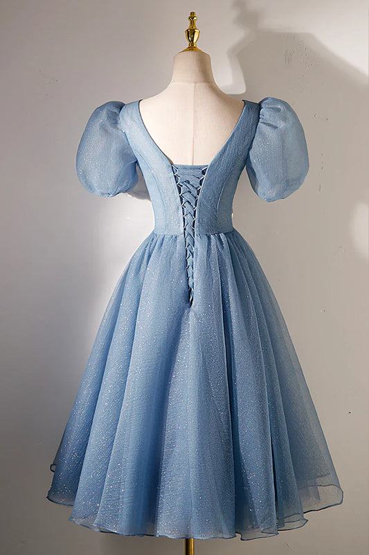Vestido de fiesta corto con escote en V y lentejuelas, corte A, manga corta, azul, TP876