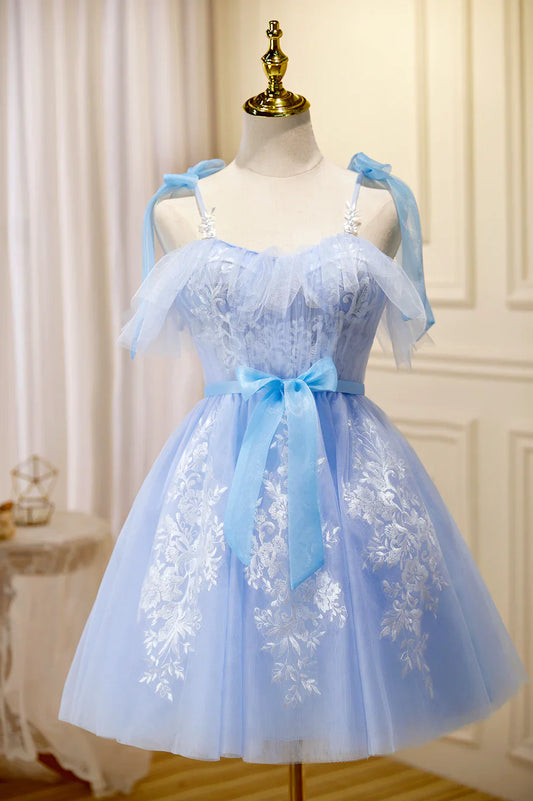 Blue Lace Knee Length Prom Dress, Lovely A-Line Homecoming Dress TP877