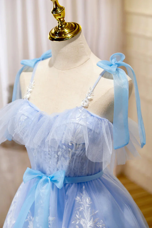 Blue Lace Knee Length Prom Dress, Lovely A-Line Homecoming Dress TP877