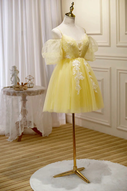 Vestido de fiesta corto de encaje amarillo, con hombros descubiertos, TP881
