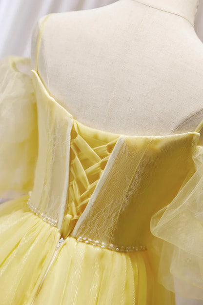 Vestido de fiesta corto de encaje amarillo, con hombros descubiertos, TP881