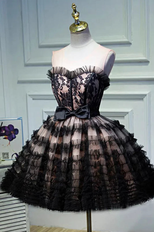 Vestido de fiesta corto de tul negro con capas, corte A, para fiesta de bienvenida TP884