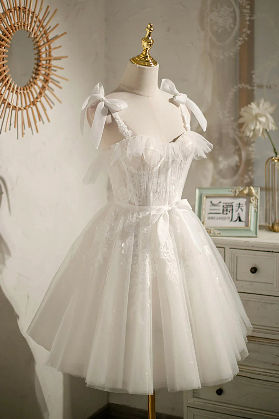 Vestido de fiesta de tul color champán con encaje hasta la rodilla, precioso vestido de fiesta de corte A TP886
