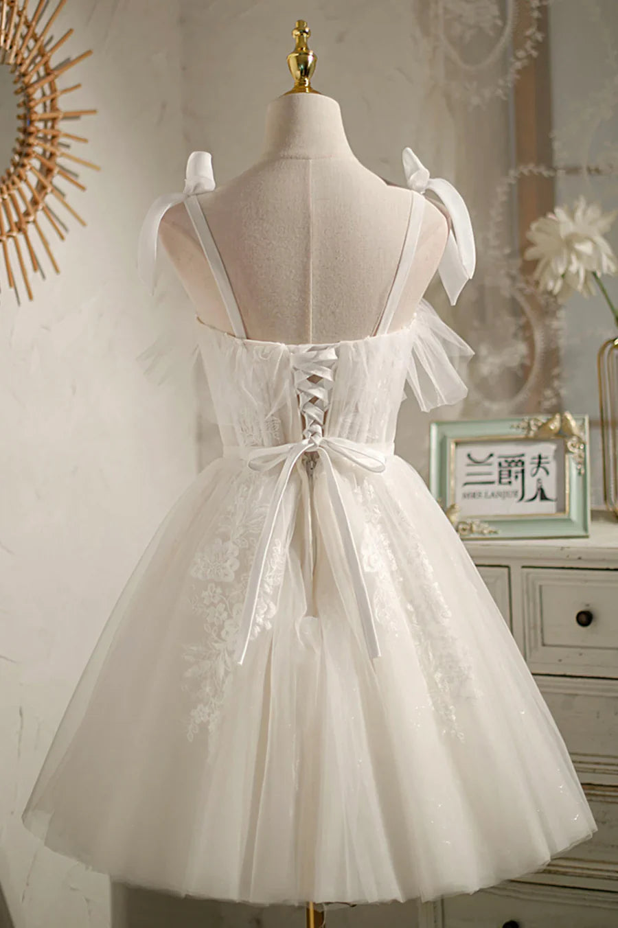 Vestido de fiesta de tul color champán con encaje hasta la rodilla, precioso vestido de fiesta de corte A TP886