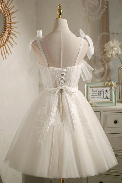 Vestido de fiesta de tul color champán con encaje hasta la rodilla, precioso vestido de fiesta de corte A TP886