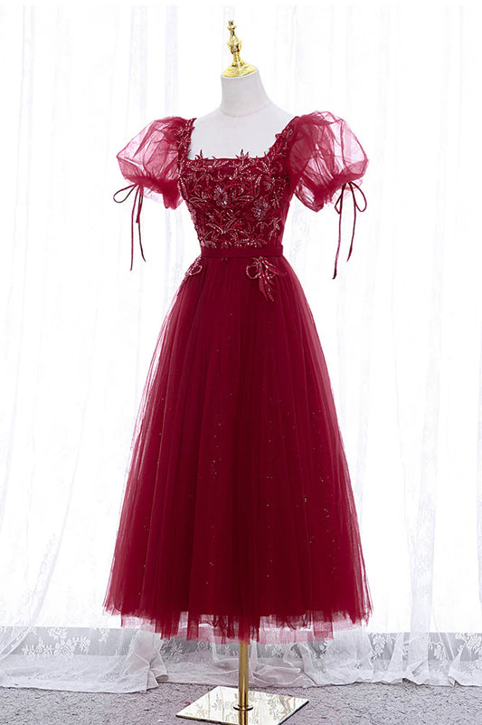 Burgundy Short Sleeve Tulle Tea Length Prom Dress, A-Line Party Dress TP893