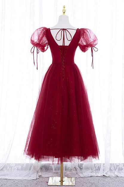 Burgundy Short Sleeve Tulle Tea Length Prom Dress, A-Line Party Dress TP893