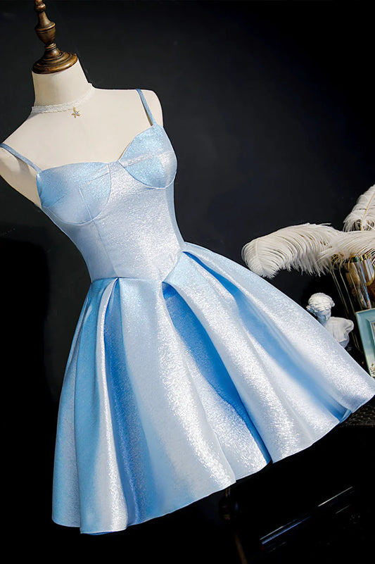 Vestido de fiesta corto de satén sencillo, corte A, azul, TP894