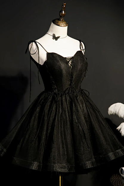 Black Tulle Short Prom Dress, Lovely A-Line Spaghetti Strap Party Dress TP901