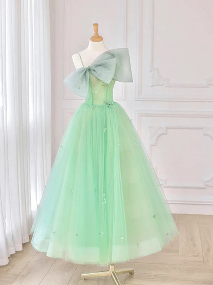 Vestido de fiesta corto de tul verde, vestido de noche de corte A con lazo TP907