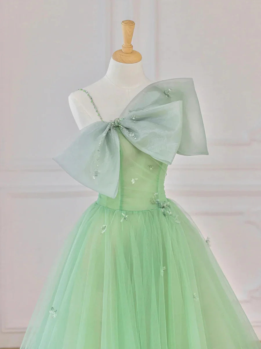 Vestido de fiesta corto de tul verde, vestido de noche de corte A con lazo TP907