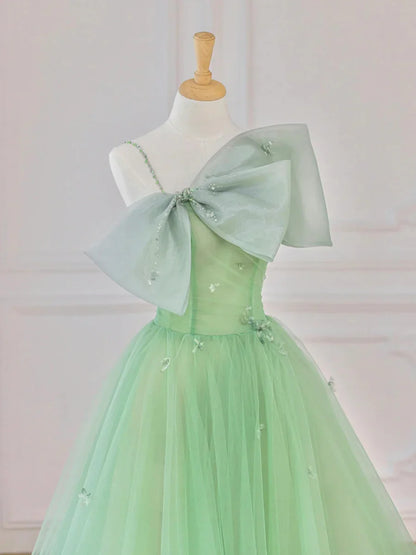 Vestido de fiesta corto de tul verde, vestido de noche de corte A con lazo TP907