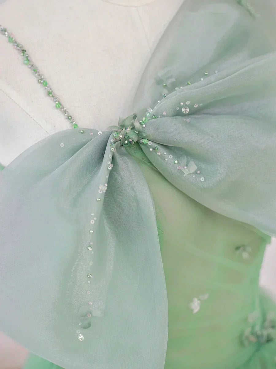 Vestido de fiesta corto de tul verde, vestido de noche de corte A con lazo TP907