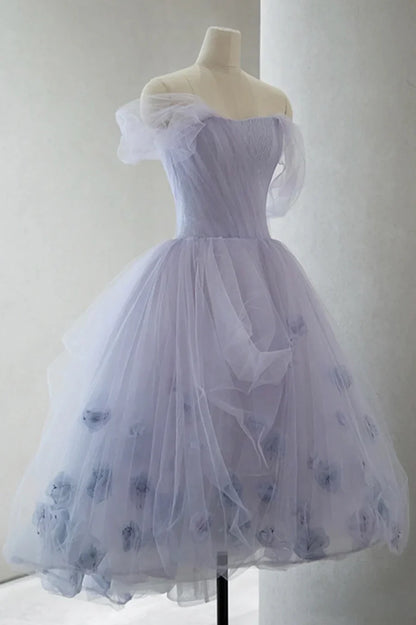 Vestido de fiesta corto de tul morado, corte A y hombros descubiertos TP908