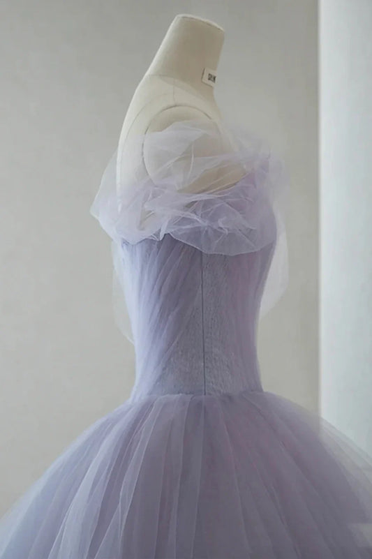 Vestido de fiesta corto de tul morado, corte A y hombros descubiertos TP908