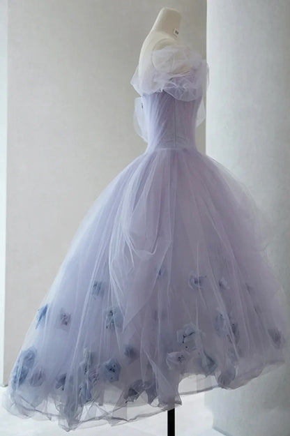 Vestido de fiesta corto de tul morado, corte A y hombros descubiertos TP908