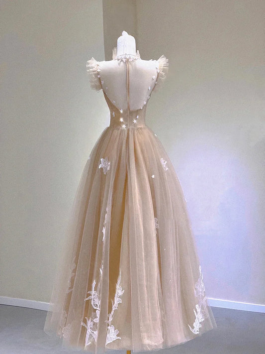 Champagne Lace Tea Length Prom Dresses, A-Line Evening Dresses TP914