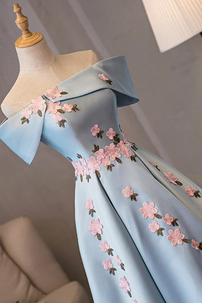 Blue Satin Off the Shoulder Prom Dresses, A-Line Homecoming Dresses TP915