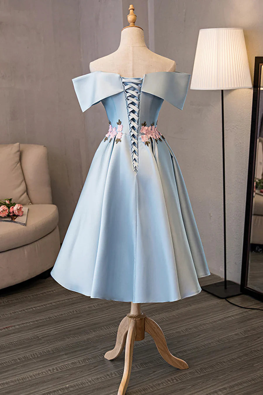 Blue Satin Off the Shoulder Prom Dresses, A-Line Homecoming Dresses TP915