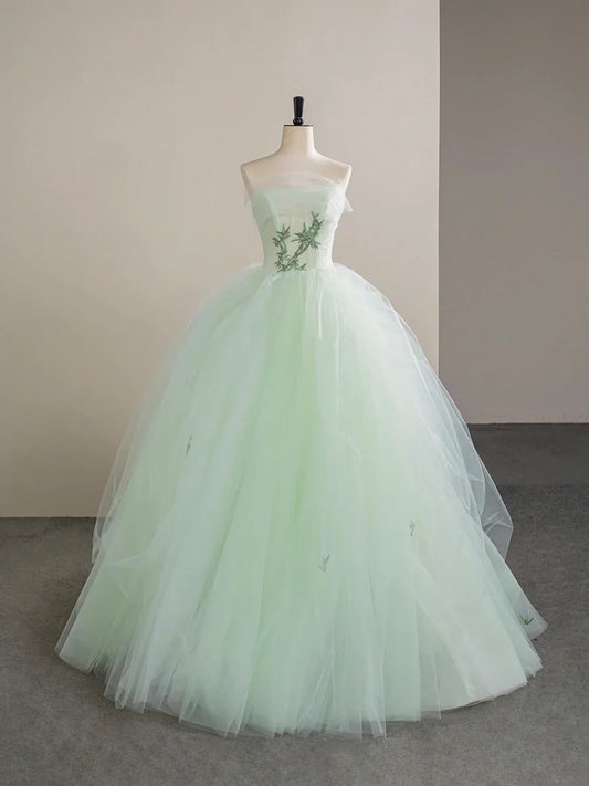 Vestido de fiesta de tul verde claro hasta el suelo, hermoso vestido de fiesta de noche sin tirantes, corte A, TP934