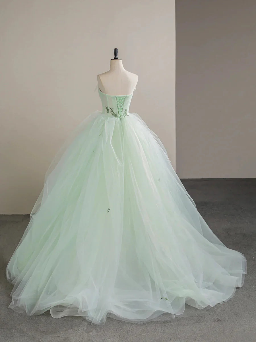 Vestido de fiesta de tul verde claro hasta el suelo, hermoso vestido de fiesta de noche sin tirantes, corte A, TP934