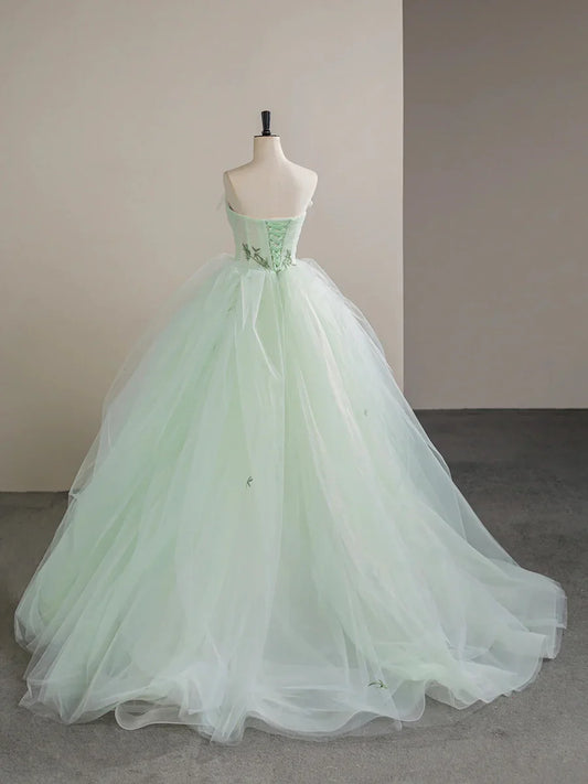 Vestido de fiesta de tul verde claro hasta el suelo, hermoso vestido de fiesta de noche sin tirantes, corte A, TP934