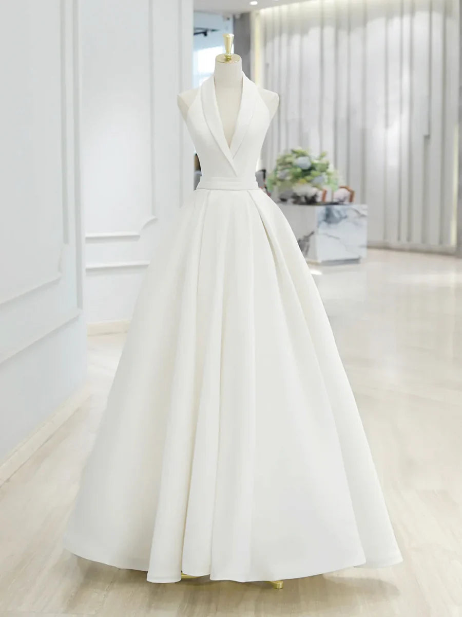 Vestido de fiesta largo de satén blanco con escote en V, elegante vestido de fiesta formal de corte A TP937
