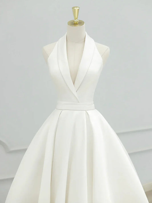 Vestido de fiesta largo de satén blanco con escote en V, elegante vestido de fiesta formal de corte A TP937