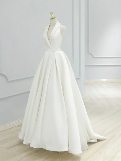 Vestido de fiesta largo de satén blanco con escote en V, elegante vestido de fiesta formal de corte A TP937