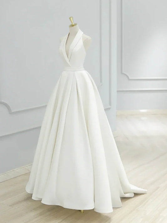 Vestido de fiesta largo de satén blanco con escote en V, elegante vestido de fiesta formal de corte A TP937